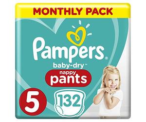 Pampers Baby-Dry Size 5, 132 Nappy Pants, 11-23 kg/12-17 kg, Easy-On for Up to 12 Hours of Breathable Dryness, Monthly Pack- Packaging May Vary