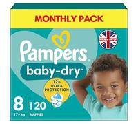 Pampers Baby-Dry Size 8, 120 Nappies, 17kg+, Monthly Pack, Up to a 100% Leak-Free Night