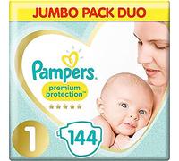 Pampers Baby Nappies Size 1 (2-5 kg / 4-11 lbs) Premium Protection,(New Baby),144 Count, JUMBO PACK DUO, Baby Essentials For Newborn
