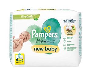 Pampers Harmonie New Baby Wipes Plastic Free 4 Packs = 184 Baby Wet Wipes