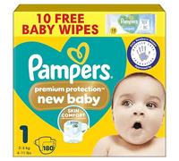 Pampers Premium Protection New Baby Size 1, 180 Nappies, 2kg-5kg, Monthly Pack + Pampers Harmonie Aqua Baby Wipes 10 Count, Packaging May Vary