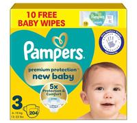 Pampers Premium Protection New Baby Size 3, 204 Nappies, 6kg-10kg, Monthly Pack + Pampers Harmonie Aqua Baby Wipes 10 Count, Double Protection - Skin Comfort - Ultra-Soft Materials