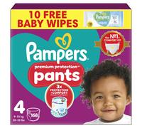 Pampers Premium Protection Nappy Pants Size 4, 168 Nappies, 9kg-15kg, Monthly Pack + Pampers Harmonie Aqua Baby Wipes 1 pack of 10 Wipes