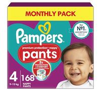 Pampers Premium Protection Nappy Pants Size 4, 168 Nappies, 9kg-15kg, Monthly Pack, Triple protection & Comfort, Ultra Soft Super absorbent core - Easy nappy changes