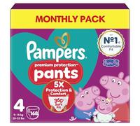 Pampers Premium Protection Nappy Pants Size 4, 168 Nappies, 9kg-15kg, Monthly Pack, Triple protection & Comfort, Ultra Soft Super absorbent core - Easy nappy changes