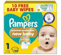 Pampers Premium Protection New Baby Size 1, 180 Nappies, 2kg-5kg, Monthly Pack + Pampers Harmonie Aqua Baby Wipes 10 Count, Packaging May Vary