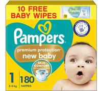 Pampers Premium Protection New Baby Size 1, 180 Nappies, 2kg-5kg, Monthly Pack + Pampers Harmonie Aqua Baby Wipes 10 Count, Packaging May Vary
