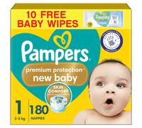 Pampers Premium Protection New Baby Size 1, 180 Nappies, 2kg-5kg, Monthly Pack + Pampers Harmonie Aqua Baby Wipes 1 pack of 10 Wipes
