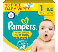 Pampers Premium Protection New Baby Size 1, 180 Nappies, 2kg-5kg, Monthly Pack + Pampers Harmonie Aqua Baby Wipes 10 Count