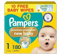 Pampers Premium Protection New Baby Size 1, 180 Nappies, 2kg-5kg, Monthly Pack + Pampers Harmonie Aqua Baby Wipes 10 Count, Packaging May Vary