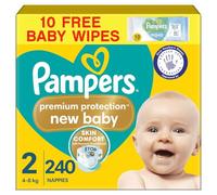 Pampers Premium Protection New Baby Size 2, 240 Nappies, 4kg-8kg, Monthly Pack + Pampers Harmonie Aqua Baby Wipes 10 Count