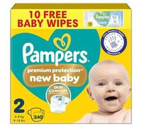 Pampers Premium Protection New Baby Size 2, 240 Nappies, 4kg-8kg, Monthly Pack + Pampers Harmonie Aqua Baby Wipes 10 Count
