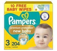 Pampers Premium Protection New Baby Size 3, 204 Nappies, 6kg-10kg, Monthly Pack + Pampers Harmonie Aqua Baby Wipes 10 Count, Double Protection - Skin Comfort - Ultra-Soft Materials
