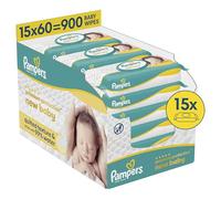 Pampers Premium Protection New Baby Wipes Plastic Free, 15 Packs of 60 Wipes = 900 Baby Wet Wipes, Quilted Texture, Lotion With 99% Water