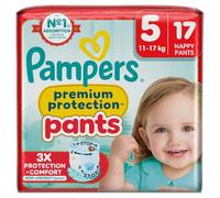 Pampers Premium Protection Pants Size 5, 17 Nappies, 11 kg-17 kg, with 360° Support and Soft Leak Barriers 2 Times Wider Than Before for Comfort and Protection