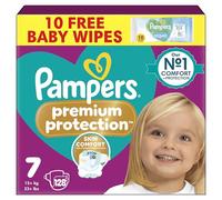 Pampers Premium Protection Size 7, 128 Baby Nappies, 15kg+, Monthly Pack + Pampers Harmonie Aqua Baby Wipes 1 pack of 10 Wipes