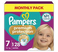 Pampers Premium Protection Size 7, 128 Nappies, 15kg+, Double Protection for Skin and Against leaks