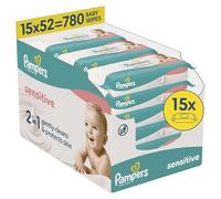 Pampers Sensitive Baby Wipes Plastic Free, 1 Pack of 52 Wipes = 780 Baby Wet Wipes, 2 in 1 Gently Cleans & Protects Skin
