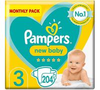 Pampers Size 3 New Baby Nappies, 204 Count, Protection For Sensitive Newborn Skin (6-10 kg / 13-22 lbs)