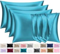 Pamposh Satin Silk Pillowcases For Hair And Skin 4 Pack Standard Size with Envelope Closure (Teal, 4 Pcs Pillowcases (50 x 75 cm))