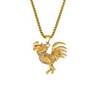 PAMTIER Chicken Necklace for Men Rooster Zodiac Stainless Steel Unique Cock Pendant Personalised Statement Cubic Zirconia Punk Colourful Jewellery Gold Pendant