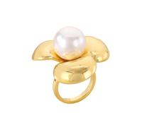 PAMTIER Flowers Rings for Women Imitation Pearl Floral Silver Gold Plated Stainless Steel Personalised Statement Dainty Big Jewellery Gold Size U