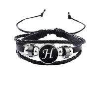 PAMTIER Initial Bracelet for Men Women Couples Adjustable Braided Black Letter A-Z Name Stainless Steel Personalised Simple Jewellery Black Letter H