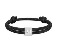 PAMTIER Initial Bracelets for Men Women Couples Handmade Braided Adjustable Rope Black A-Z Letter K Name Simple Stainless Steel Personalised Cuff Capital Monogram Jewellery Black Letter M