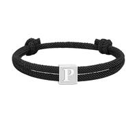 PAMTIER Initial Bracelets for Men Women Couples Handmade Braided Adjustable Rope Black A-Z Letter K Name Simple Stainless Steel Personalised Cuff Capital Monogram Jewellery Black Letter P
