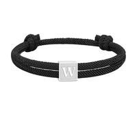 PAMTIER Initial Bracelets for Men Women Couples Handmade Braided Adjustable Rope Black A-Z Letter K Name Simple Stainless Steel Personalised Cuff Capital Monogram Jewellery Black Letter W