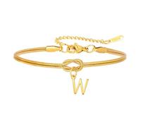 PAMTIER Initial Bracelets for Women Layered Letter Snake Chain Alphabet Silver Gold Plated Stainless Steel Personalised Tie A Knot Name Charm Simple Jewellery Gold Letter W