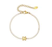 PAMTIER Initial Bracelets for Women Letter A-Z Name Cubic Zirconia Stainless Steel Silver Gold Plated Charm Personalised Dainty Cuff Capital Monogram Jewellery Gold Letter N