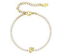 PAMTIER Initial Bracelets for Women Letter A-Z Name Cubic Zirconia Stainless Steel Silver Gold Plated Charm Personalised Dainty Cuff Capital Monogram Jewellery Gold Letter F