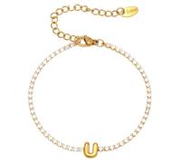 PAMTIER Initial Bracelets for Women Letter A-Z Name Cubic Zirconia Stainless Steel Silver Gold Plated Charm Personalised Dainty Cuff Capital Monogram Jewellery Gold Letter U