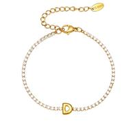 PAMTIER Initial Bracelets for Women Letter A-Z Name Cubic Zirconia Stainless Steel Silver Gold Plated Charm Personalised Dainty Cuff Capital Monogram Jewellery Gold Letter D