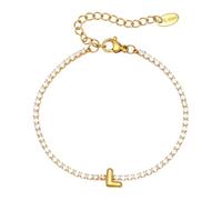 PAMTIER Initial Bracelets for Women Letter A-Z Name Cubic Zirconia Stainless Steel Silver Gold Plated Charm Personalised Dainty Cuff Capital Monogram Jewellery Gold Letter L