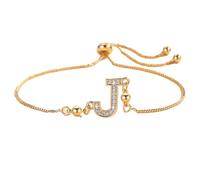 PAMTIER Initial Bracelets for Women Thin Adjustable Letter A-Z Name Cubic Zirconia Stainless Steel Gold Plated Charm Personalised Dainty Cuff Capital Monogram Jewellery Gold Letter J