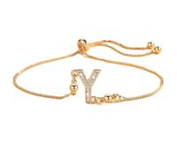 PAMTIER Initial Bracelets for Women Thin Adjustable Letter A-Z Name Cubic Zirconia Stainless Steel Gold Plated Charm Personalised Dainty Cuff Capital Monogram Jewellery Gold Letter Y