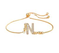PAMTIER Initial Bracelets for Women Thin Adjustable Letter A-Z Name Cubic Zirconia Stainless Steel Gold Plated Charm Personalised Dainty Cuff Capital Monogram Jewellery Gold Letter N
