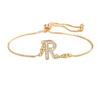 PAMTIER Initial Bracelets for Women Thin Adjustable Letter A-Z Name Cubic Zirconia Stainless Steel Gold Plated Charm Personalised Dainty Cuff Capital Monogram Jewellery Gold Letter R