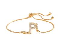 PAMTIER Initial Bracelets for Women Thin Adjustable Letter A-Z Name Cubic Zirconia Stainless Steel Gold Plated Charm Personalised Dainty Cuff Capital Monogram Jewellery Gold Letter P