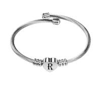 PAMTIER Initial Heart Bracelets for Women Open Letter Alphabet Silver Rose Gold Plated Stainless Steel Colourful Personalised Statement Name Charm Simple Jewellery Silver Letter R