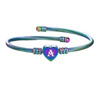 PAMTIER Initial Heart Bracelets for Women Open Letter Alphabet Silver Rose Gold Plated Stainless Steel Colourful Personalised Statement Name Charm Simple Jewellery Colorful Letter A