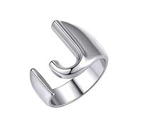 PAMTIER Initial Letter Ring for Women Men Stackable Alphabet Open Ring Adjustable A-Z 26 Letters Silver J