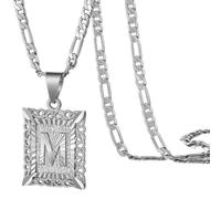 PAMTIER Initial Necklaces for Women and Men Square Gold Plated Letter M Stainless Steel Name Alphabet K Pendant Dainty Personalised Statement Hip Hop Simple Jewellery Silver Letter M