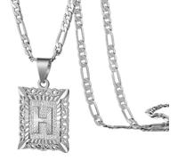PAMTIER Initial Necklaces for Women and Men Square Gold Plated Letter M Stainless Steel Name Alphabet K Pendant Dainty Personalised Statement Hip Hop Simple Jewellery Silver Letter H