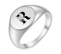 PAMTIER Initial Rings for Men Women Letter Rose Flower Name Black Silver Gold Plated Size 4 Stainless Steel Cool Personalised Statement Simple Jewellery Silver R Size L 1/2