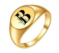 PAMTIER Initial Rings for Men Women Letter Rose Flower Name Black Silver Gold Plated Size 4 Stainless Steel Cool Personalised Statement Simple Jewellery Gold B Size H 1/2