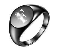 PAMTIER Initial Rings for Men Women Letter Rose Flower Name Black Silver Gold Plated Size 4 Stainless Steel Cool Personalised Statement Simple Jewellery Black F Size N 1/2