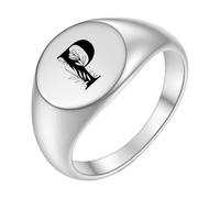 PAMTIER Initial Rings for Men Women Letter Rose Flower Name Black Silver Gold Plated Size 4 Stainless Steel Cool Personalised Statement Simple Jewellery Silver P Size N 1/2